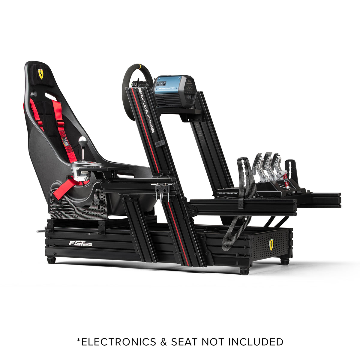 Next Level Racing F-GT Elite 160 Scuderia Ferrari Edition - preview in gt houding met een Thrustmaster direct drive wheelbase en stuur, Thrustmaster pedalen, shifter en de ES1 Ferrari stoel