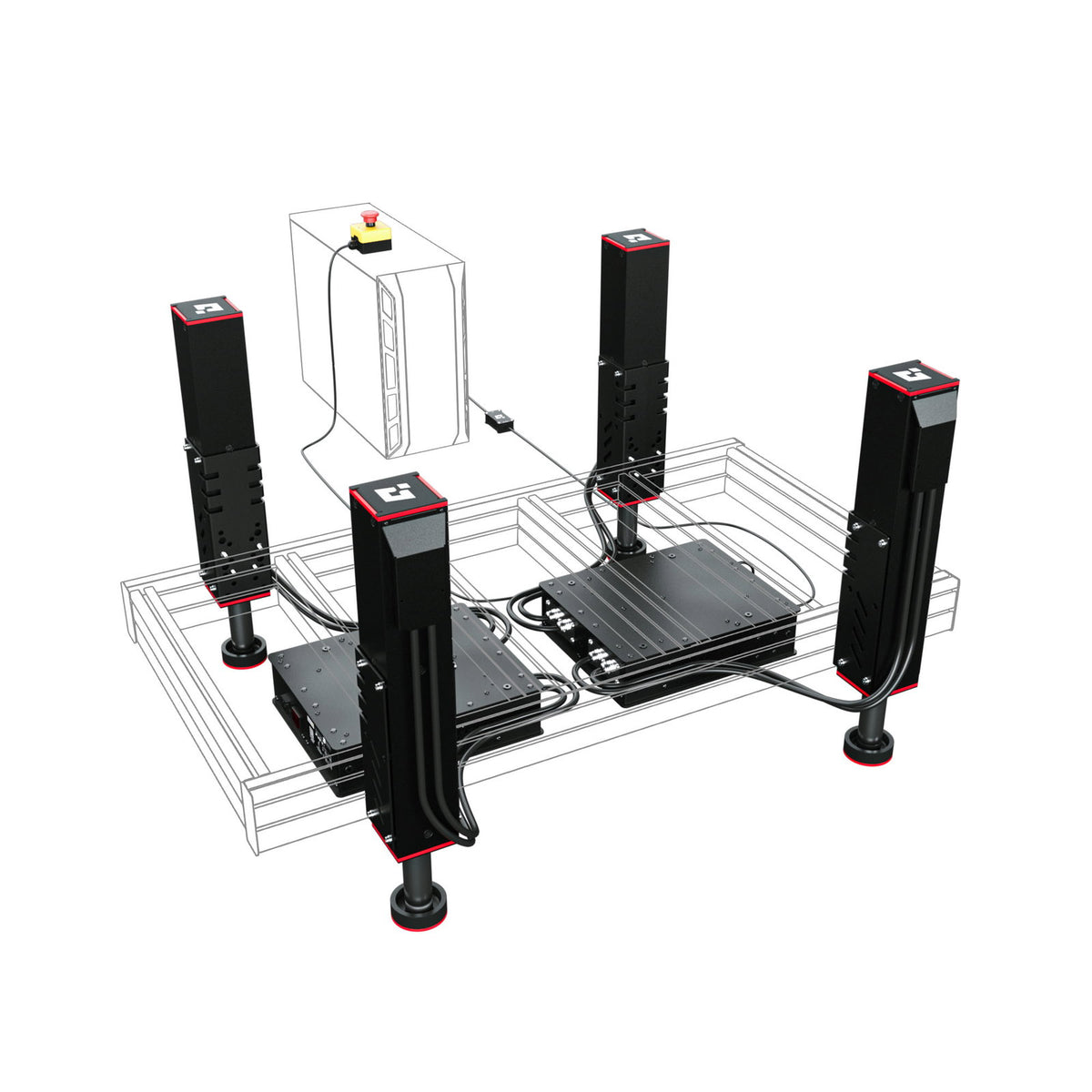 Qubic System QS-220 3DOF motion system visual representation of setup with 4 linear actuators, two power cabinets and QS-MC6