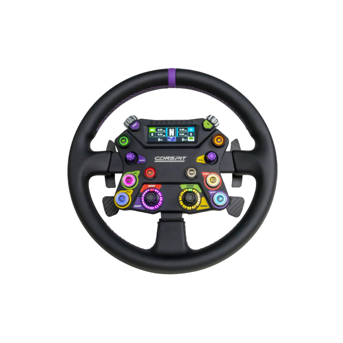 Conspit 310 APEX Steering Weel - vooraanzicht met 6 RGB drukknoppen, 2 encoderwielen, 2 draaischakelaars, 2,99 inch dashboard en 2 joysticks