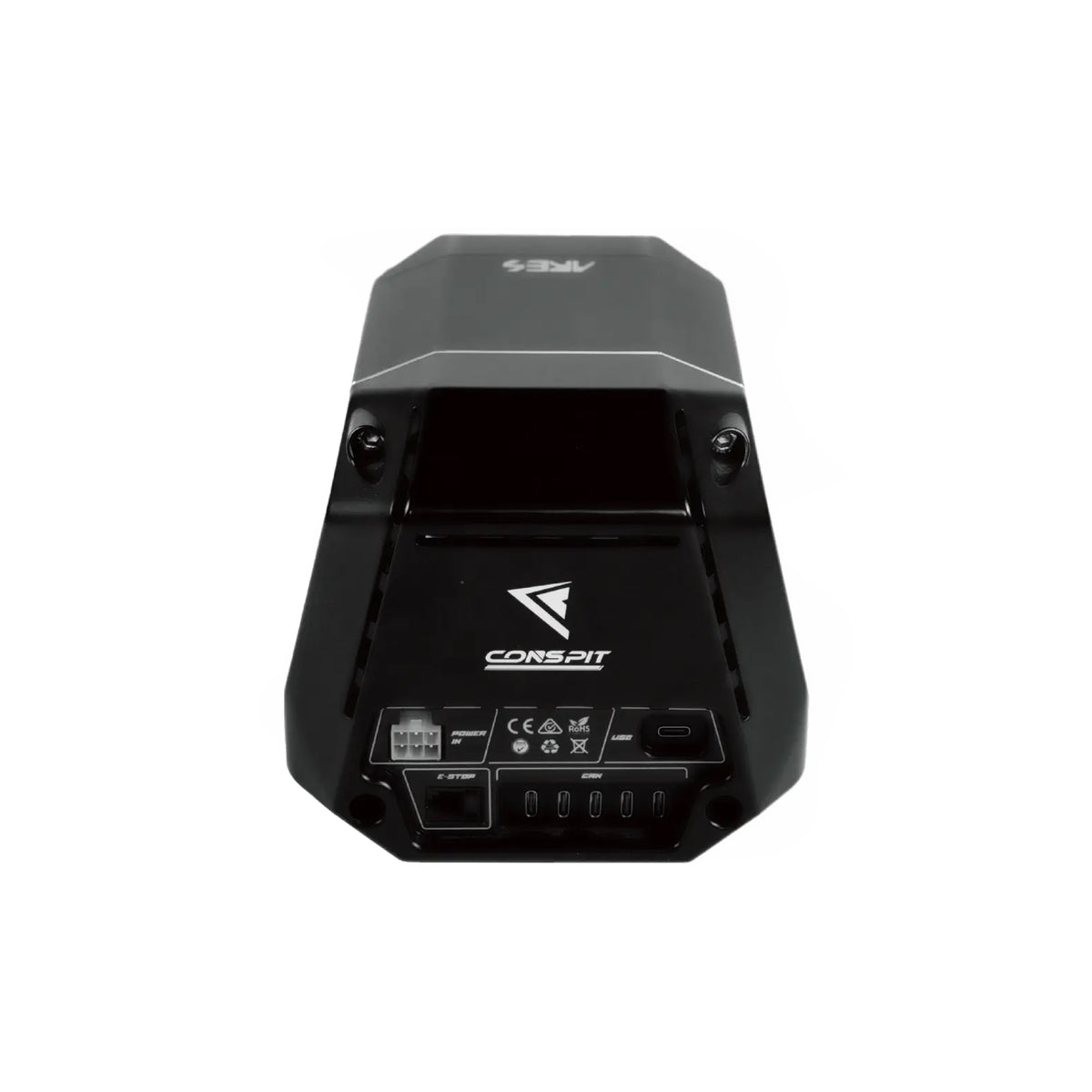Conspit Ares 12Nm Direct Drive Wheelbase - achterkant met USB, voeding en E-STOP aansluitingen