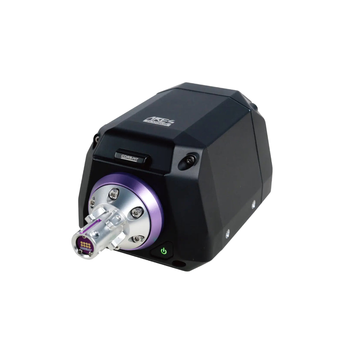 Conspit Ares Platinum 20Nm Direct Drive Wheelbase - zijaanzicht met CDP quick release, POGO module en aan/uit knop
