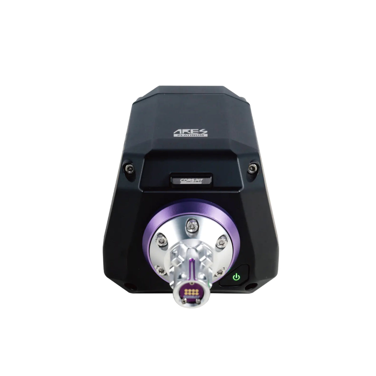 Conspit Ares Platinum 20Nm Direct Drive Wheelbase - vooraanzicht met CDP quick release, POGO module en aan/uit knop