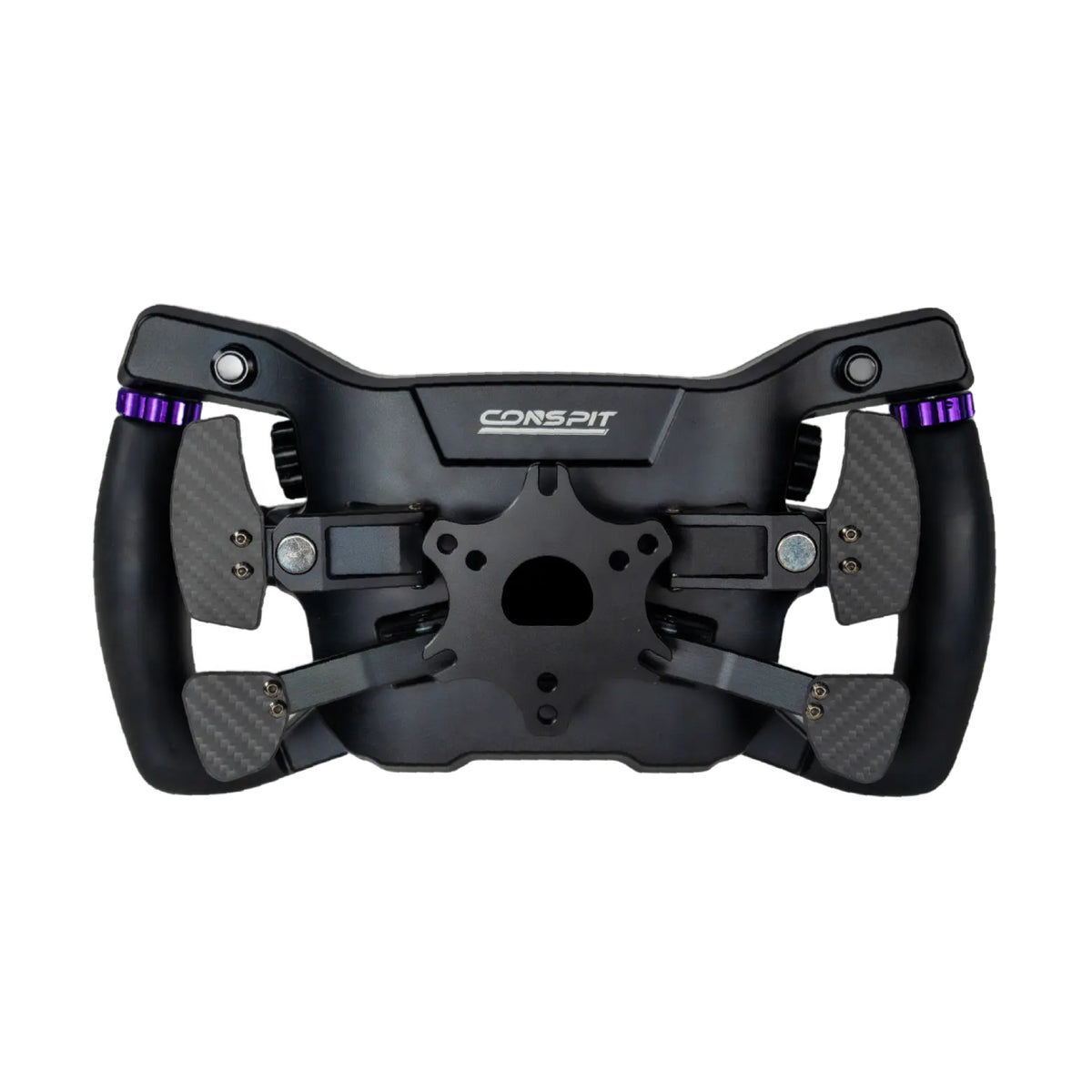 Conspit MAX01 Formula Steering Wheel - achteraanzicht met magnetische schakelflippers, koppelingsflippers, 2 drukknoppen en quick release hub