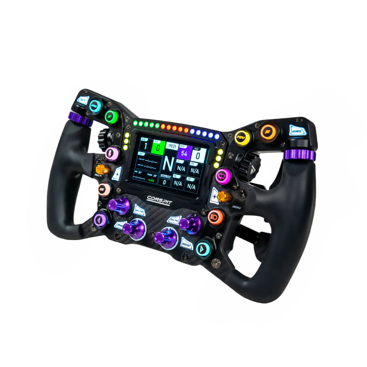 Conspit MAX01 Formula Steering Wheel - zijaanzicht met 4 inch touchscreen dashboard, RGB drukknoppen, draaiknoppen en draaischakelaars en carbon fiber behuizing