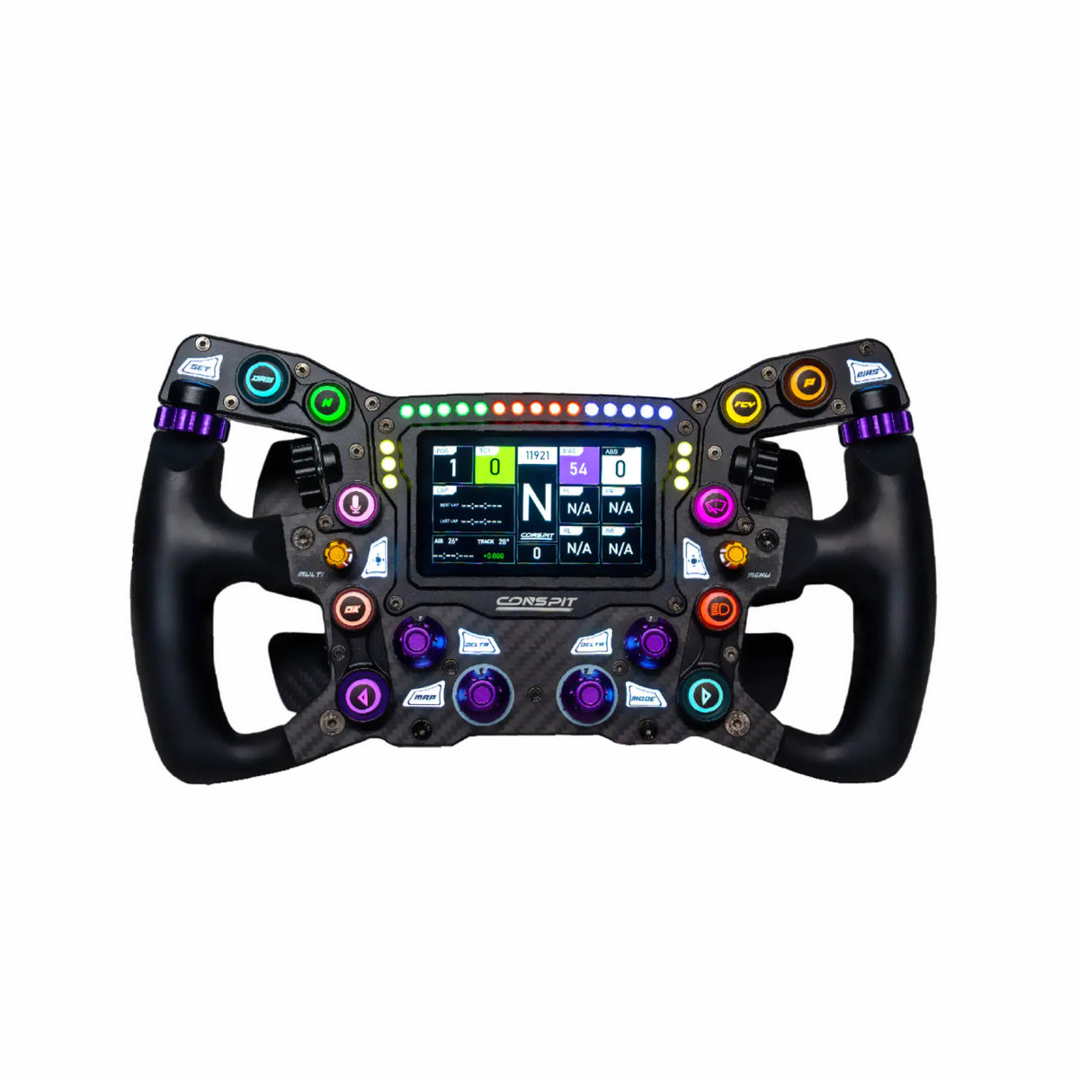 Conspit MAX01 Formula Steering Wheel - vooraanzicht met 4 inch touchscreen dashboard, RGB drukknoppen, draaiknoppen en draaischakelaars en carbon fiber behuizing