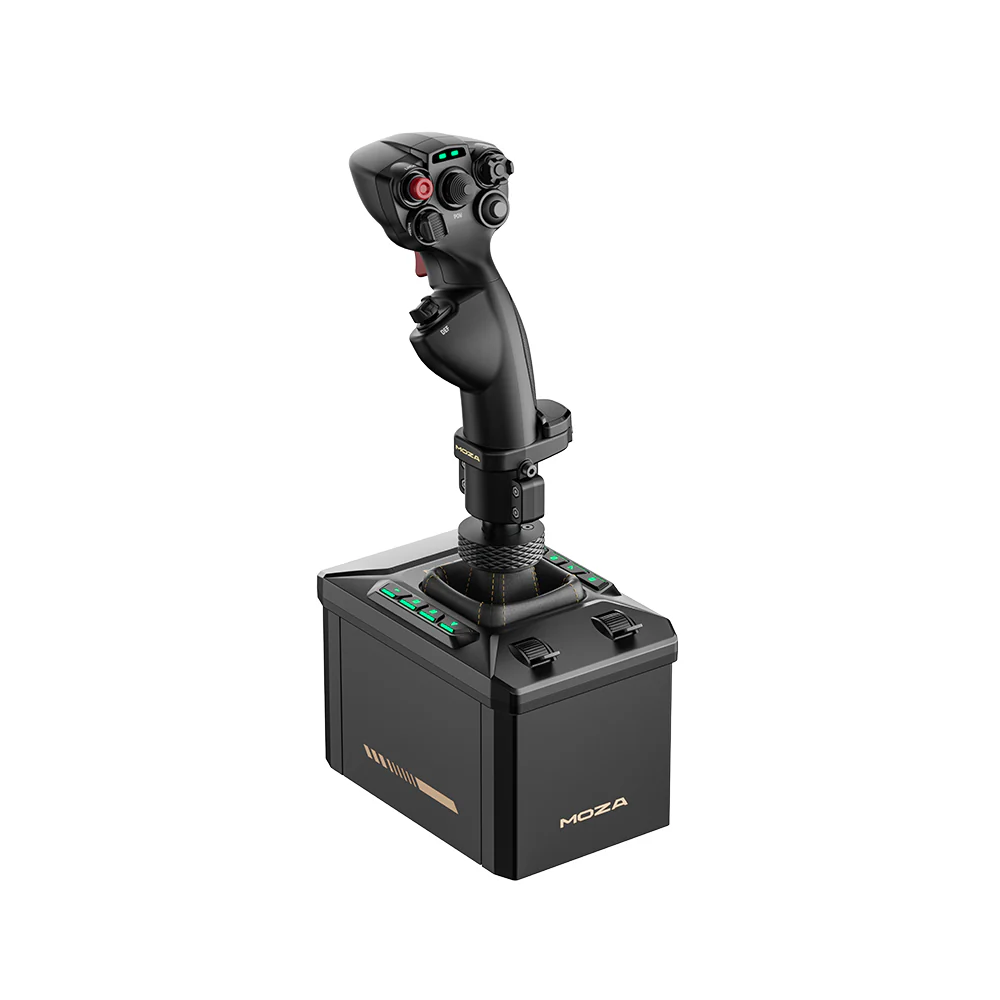 MOZA AB6 Flight Simulator Bundle - linker vooraanzicht met AB6 force feedback base en MHG flightstick