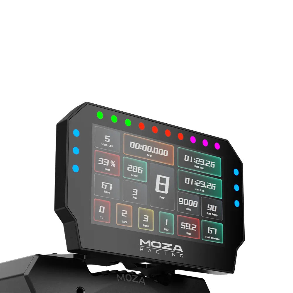 MOZA CM2 Racing Dash - vooraanzicht op direct drive wheelbase met 5 inch touchscreen, 16 RGB LED's en MOZA logo