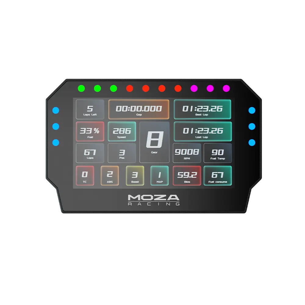 MOZA CM2 Racing Dash - vooraanzicht met 5 inch touchscreen, 16 RGB LED's en MOZA logo