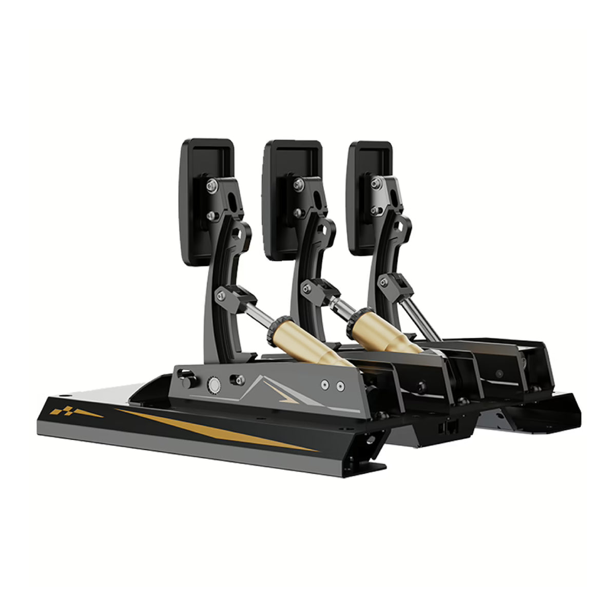 MOZA CRP2 Load Cell Pedals - achteraanzicht met load cell rempedaal, gaspedaal, koppelingspedaal en pedaalplaat