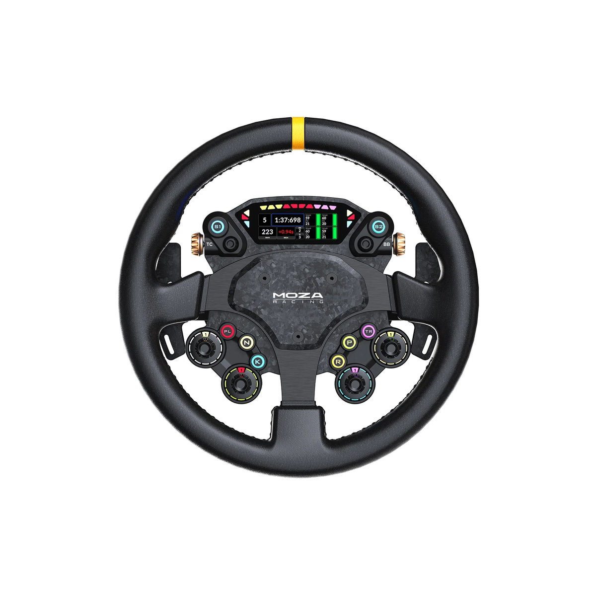 MOZA CS Pro Steering Wheel - vooraanzicht met 2,99 inch dashboard, 8 RGB drukknoppen, 2 encoderwielen, 4 draaischakelaars en 2 joysticks