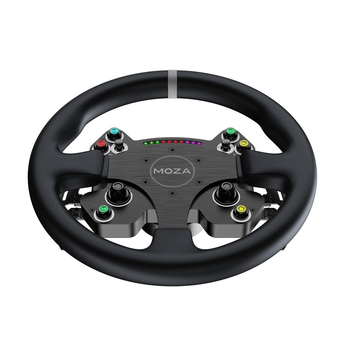 MOZA CS V2P Steering Wheel - onderaanzicht met 6 RGB drukknoppen, 2 encoderwielen en 2 joysticks