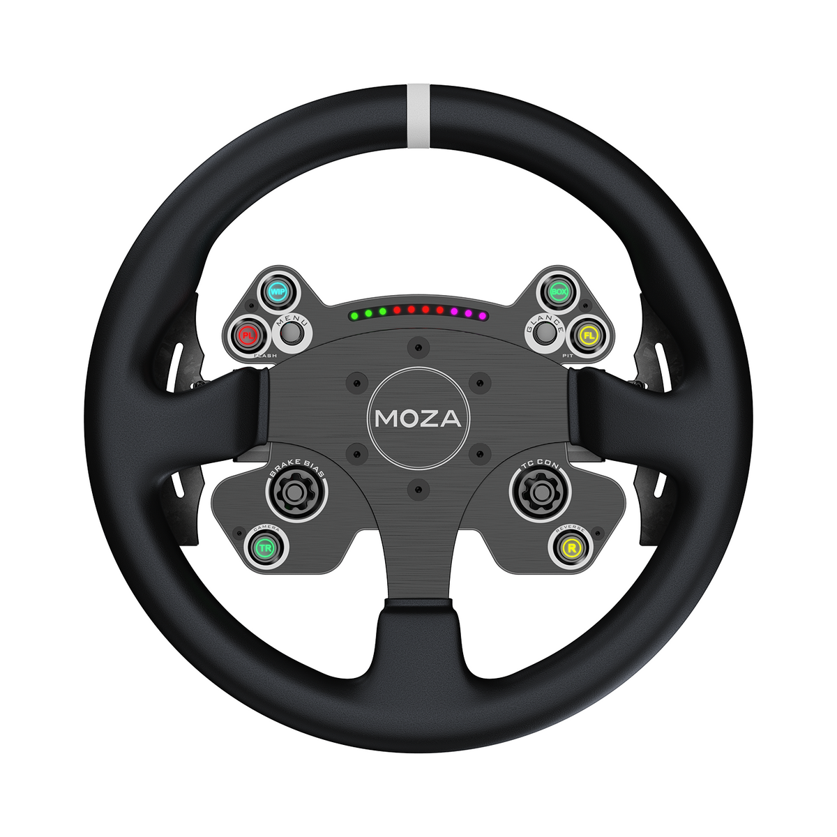 MOZA CS V2P Steering Wheel - vooraanzicht met 6 RGB drukknoppen, 2 encoderwielen en 2 joysticks