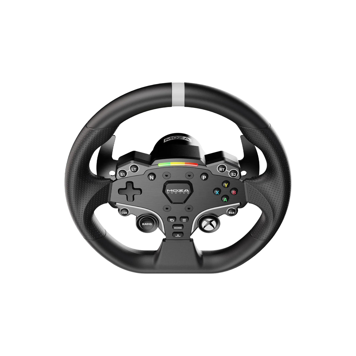 MOZA ESX Steering Wheel - schuin vooraanzicht met 22 drukknoppen, RGB RPM lichtjes en Xbox logo