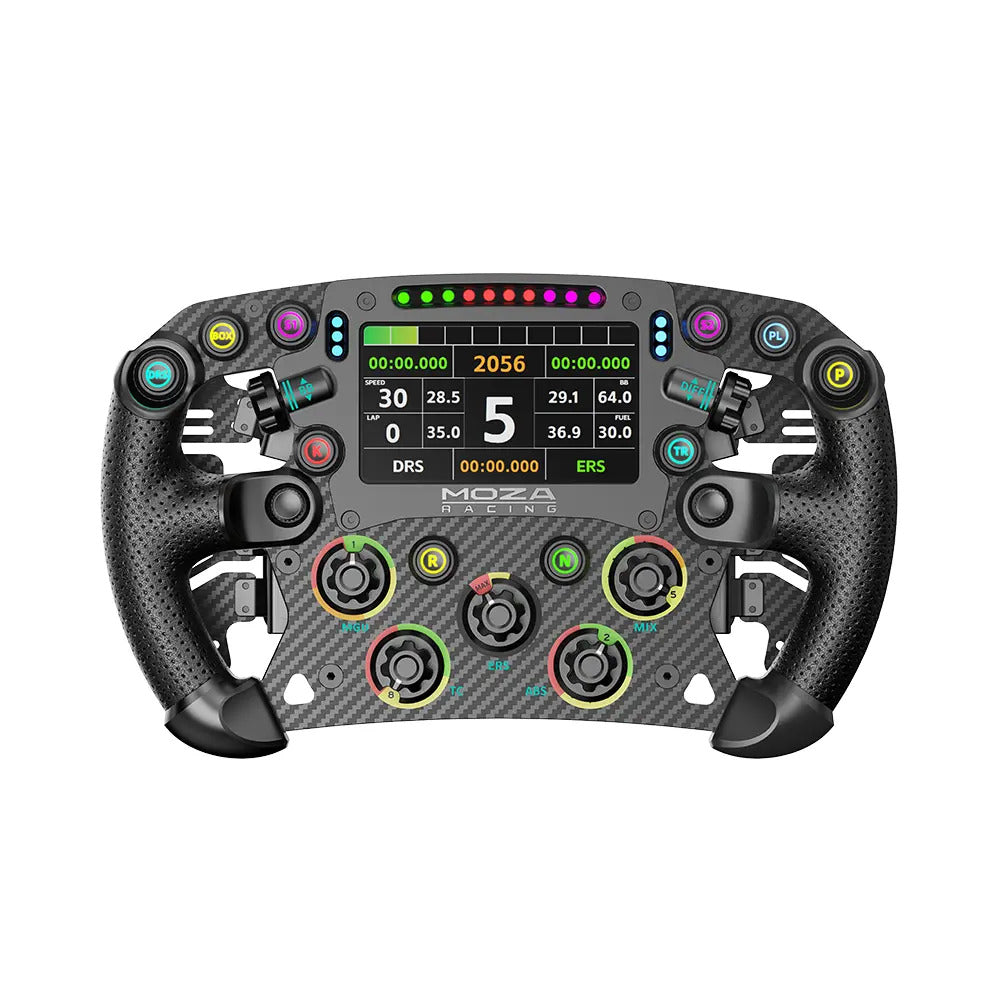 MOZA FSR2 Formula Wheel - vooraanzicht met 4,3 inch dashboard, 10 RGB drukknoppen, 2 encoderwielen, 5 draaischakelaars, 2 joysticks en RGB RPM lichtjes