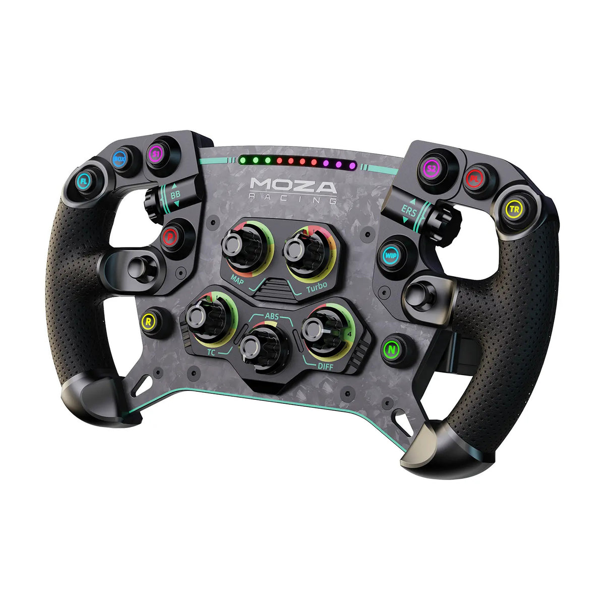 MOZA GS V2P Steering Wheel - rechter vooraanzicht met 10 RGB drukknoppen, 2 encoderwielen, 5 draaischakelaars, 2 joysticks en RGB RPM lichtjes