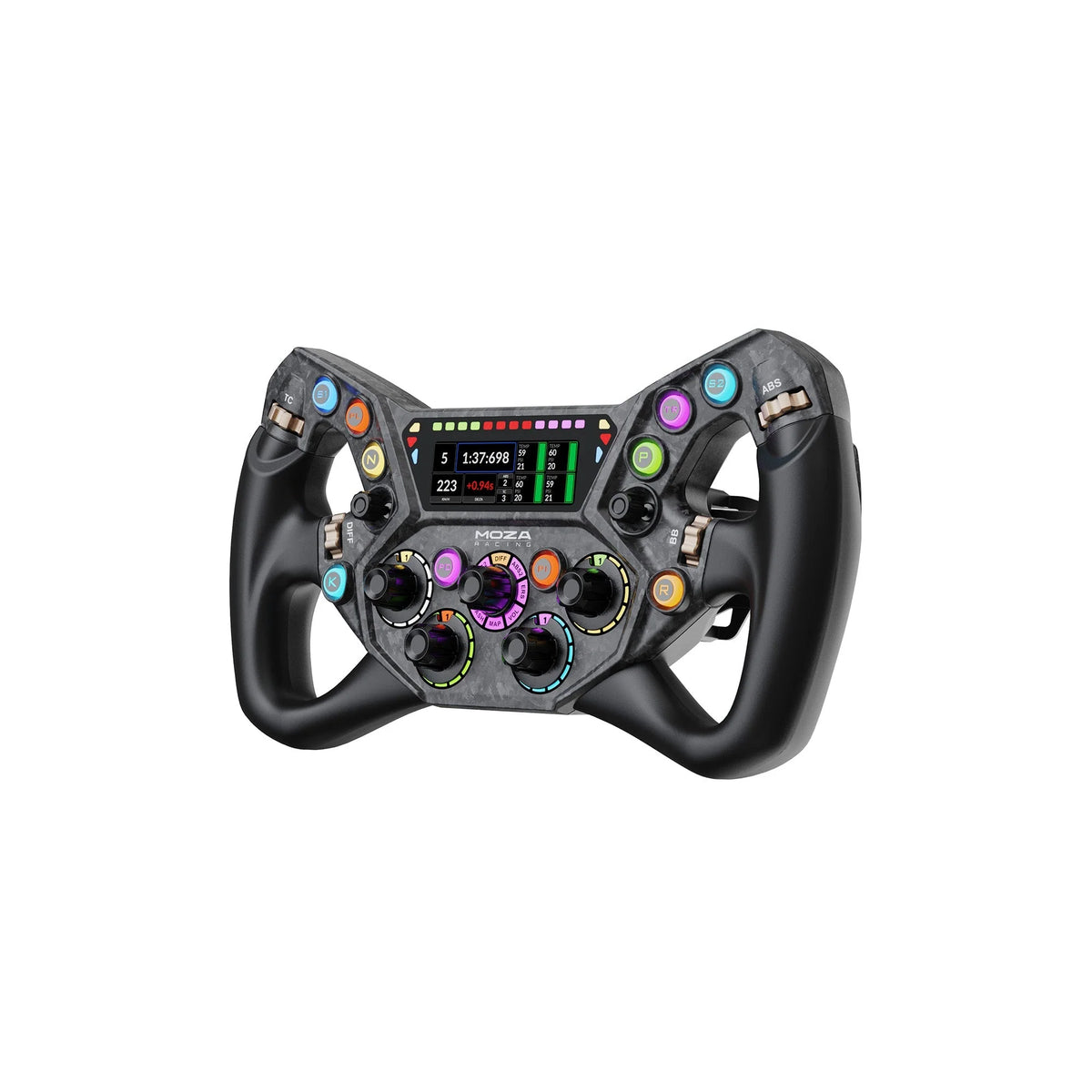 MOZA KS Pro Steering Wheel - rechter vooraanzicht met 10 RGB drukknoppen, 5 draaischakelaars, 4 encoderwielen, 2 joysticks, dashboard en RGB RPM lichtjes