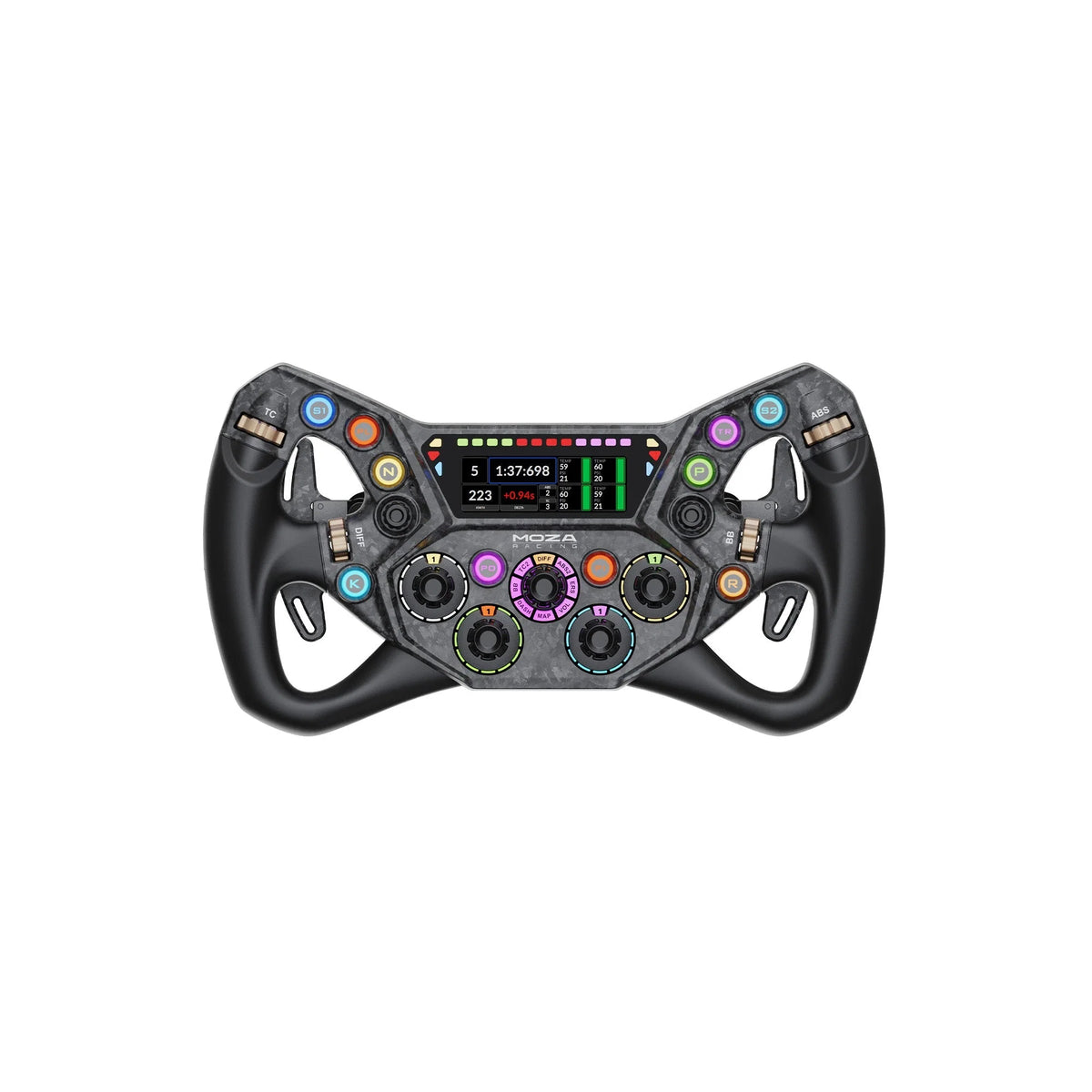 MOZA KS Pro Steering Wheel - vooraanzicht met 10 RGB drukknoppen, 5 draaischakelaars, 4 encoderwielen, 2 joysticks, dashboard en RGB RPM lichtjes