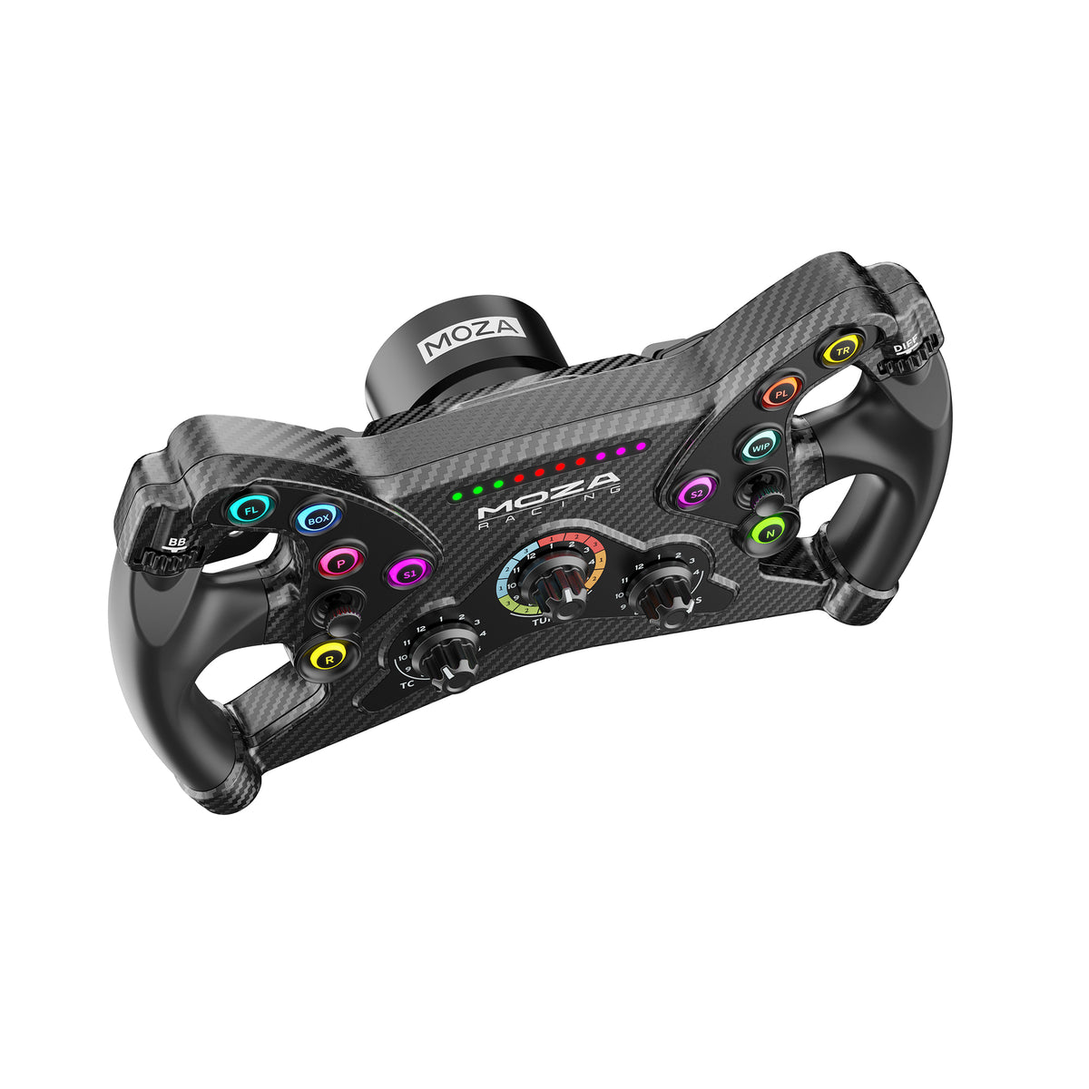 MOZA KS Steering Wheel - bovenaanzicht met 10 RGB drukknoppen, 3 draaischakelaars, 2 encoderwielen, 2 joysticks , RGB RPM lichtjes en quick release