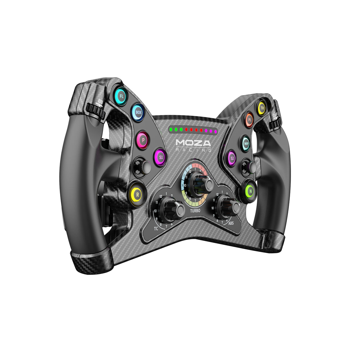 MOZA KS Steering Wheel - linker vooraanzicht met 10 RGB drukknoppen, 3 draaischakelaars, 2 encoderwielen, 2 joysticks en RGB RPM lichtjes