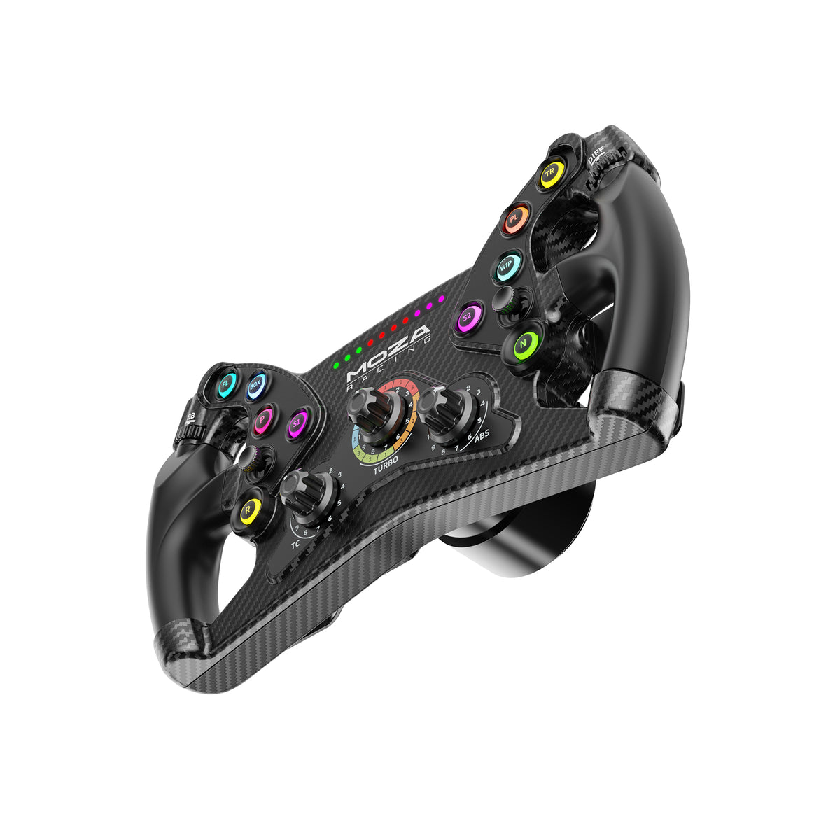 MOZA KS Steering Wheel - onderaanzicht met 10 RGB drukknoppen, 3 draaischakelaars, 2 encoderwielen, 2 joysticks , RGB RPM lichtjes en quick release