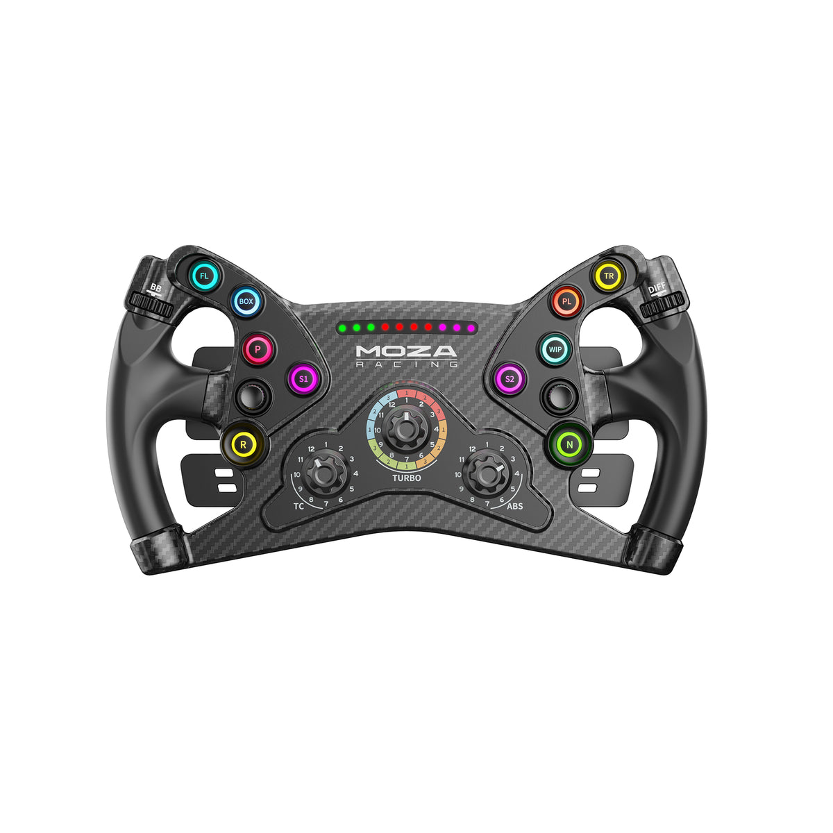 MOZA KS Steering Wheel - vooraanzicht met 10 RGB drukknoppen, 3 draaischakelaars, 2 encoderwielen, 2 joysticks en RGB RPM lichtjes