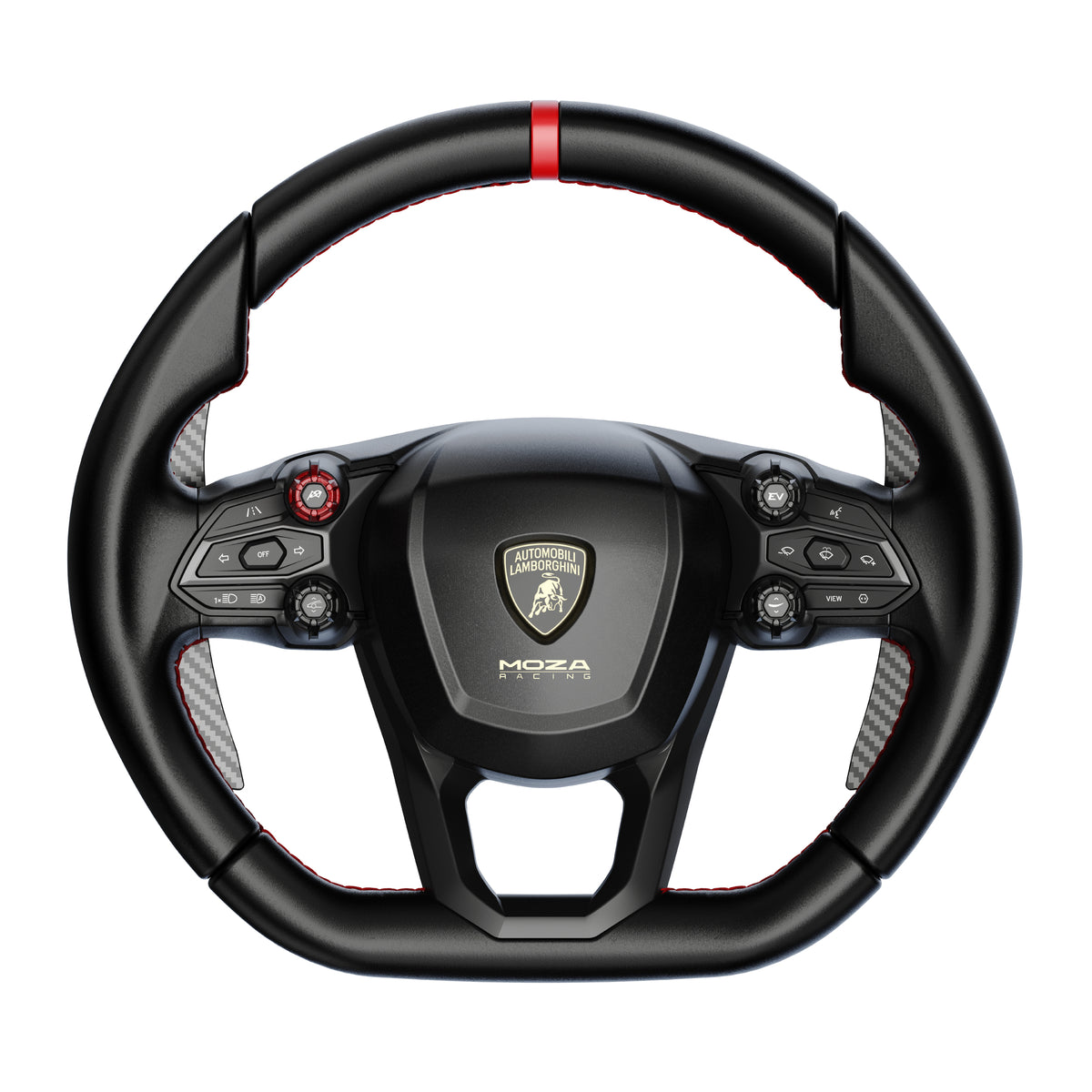 MOZA Lamborghini Revuelto Steering Wheel - vooraanzicht met 16 RGB drukknoppen, 4 draaischakelaars en Lamborghini logo
