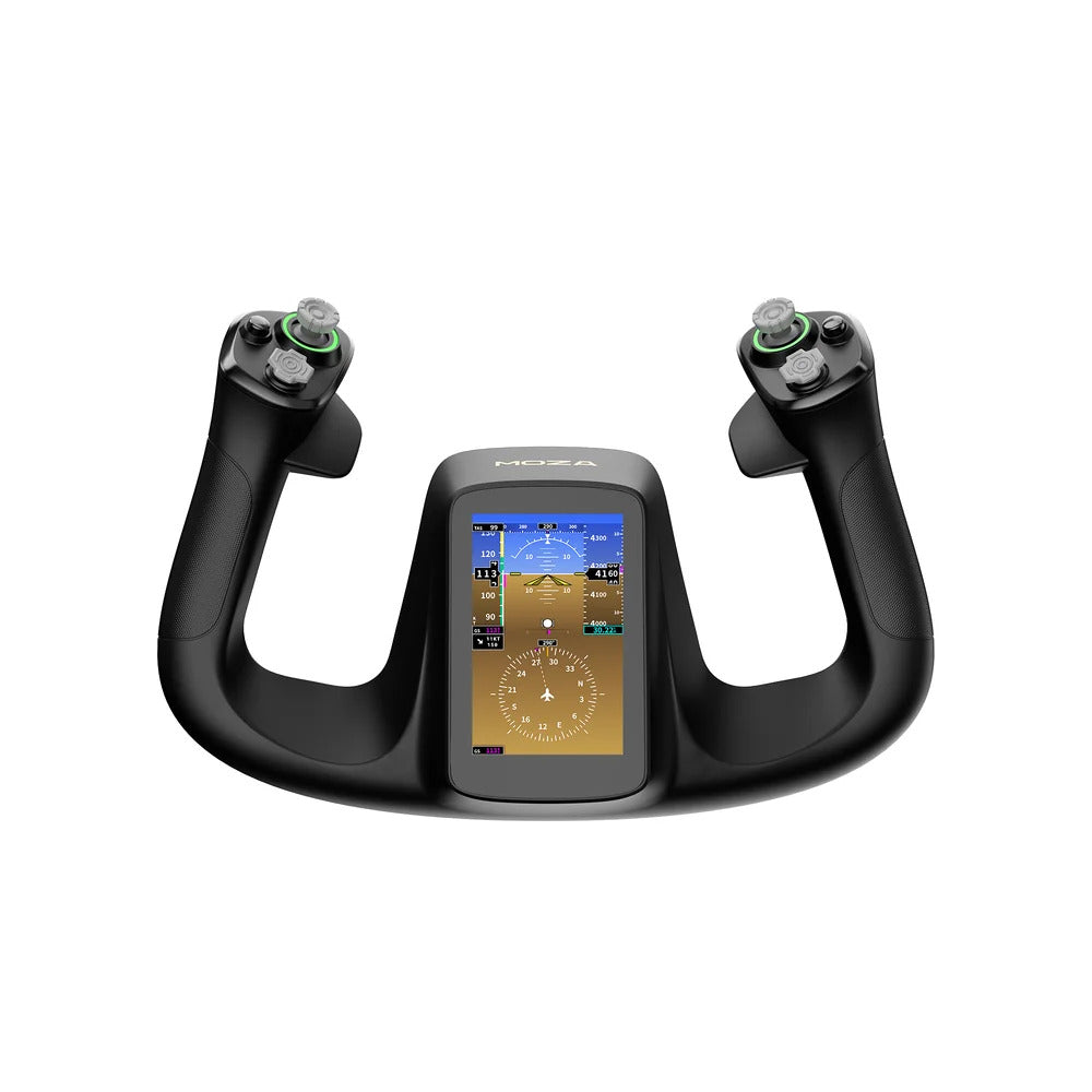 MOZA MFY Pro Yoke - vooraanzicht met 4,3 inch touchscreen, drukknoppen en joysticks