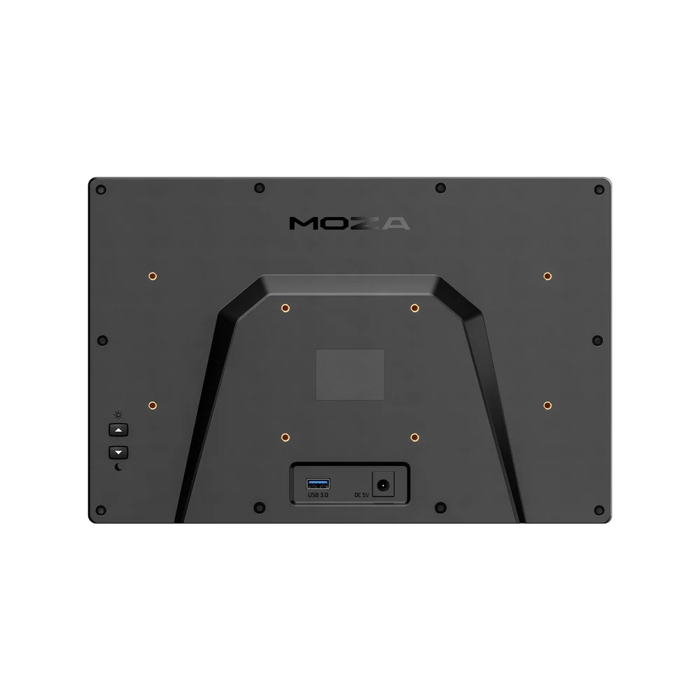 MOZA MGX1000 Instrument Panel - achteraanzicht met USB 3.0 poort, DC 5v poort, VESA 75x75 montage gaten en helderheidsknoppen