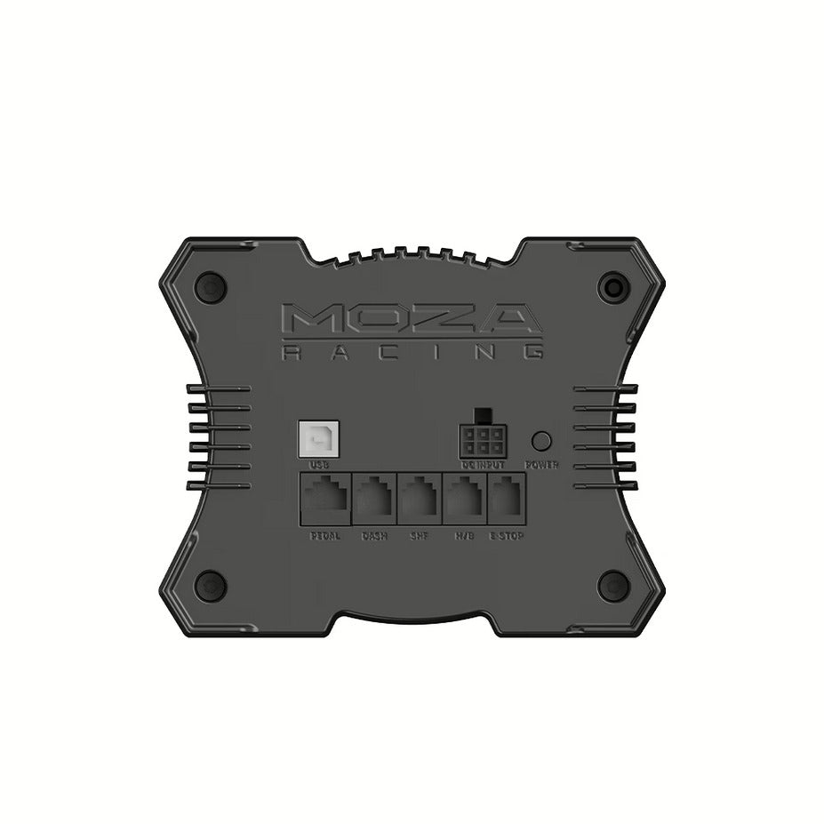 MOZA R12 V2 Direct Drive Wheel Base - achteraanzicht met USB poort, DC voedingspoort, pedaalpoort, dashboard poort, shifter poort, handbrake poort, e-stop poort en aan/uit knop