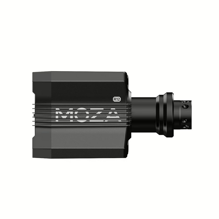 MOZA R12 V2 Direct Drive Wheel Base - zijaanzicht met quick release, MOZA logo en R12 V2 logo