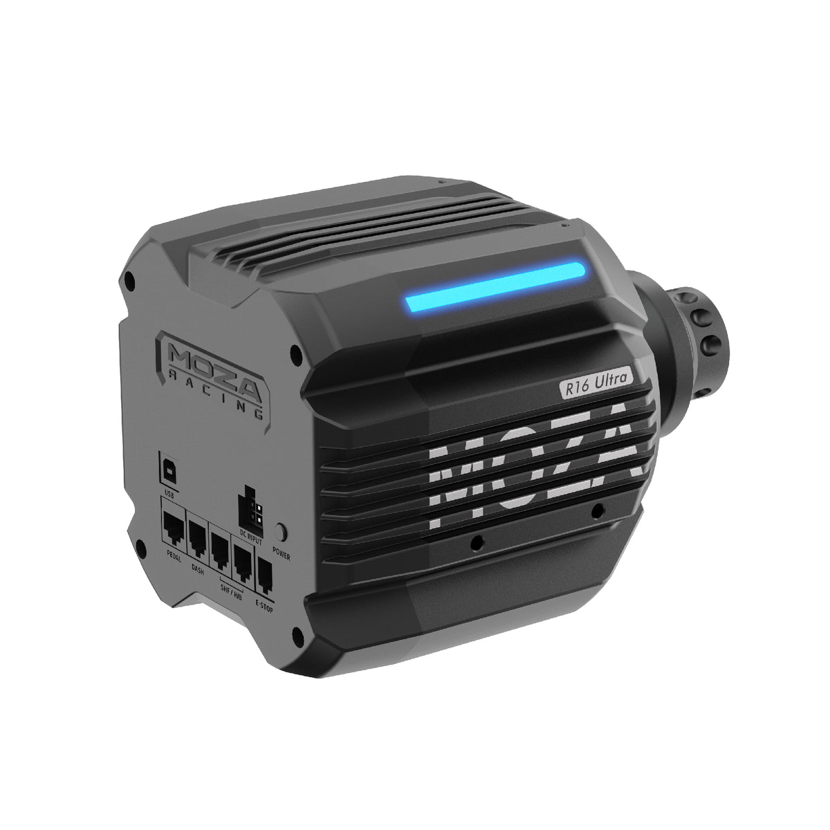 MOZA R16 Ultra Direct Drive Wheel Base - linker achteraanzicht met quick release, MOZA logo, R16 Ultra logo, RGB verlichting, montagegaten, USB poort, DC voedingspoort en data poorten