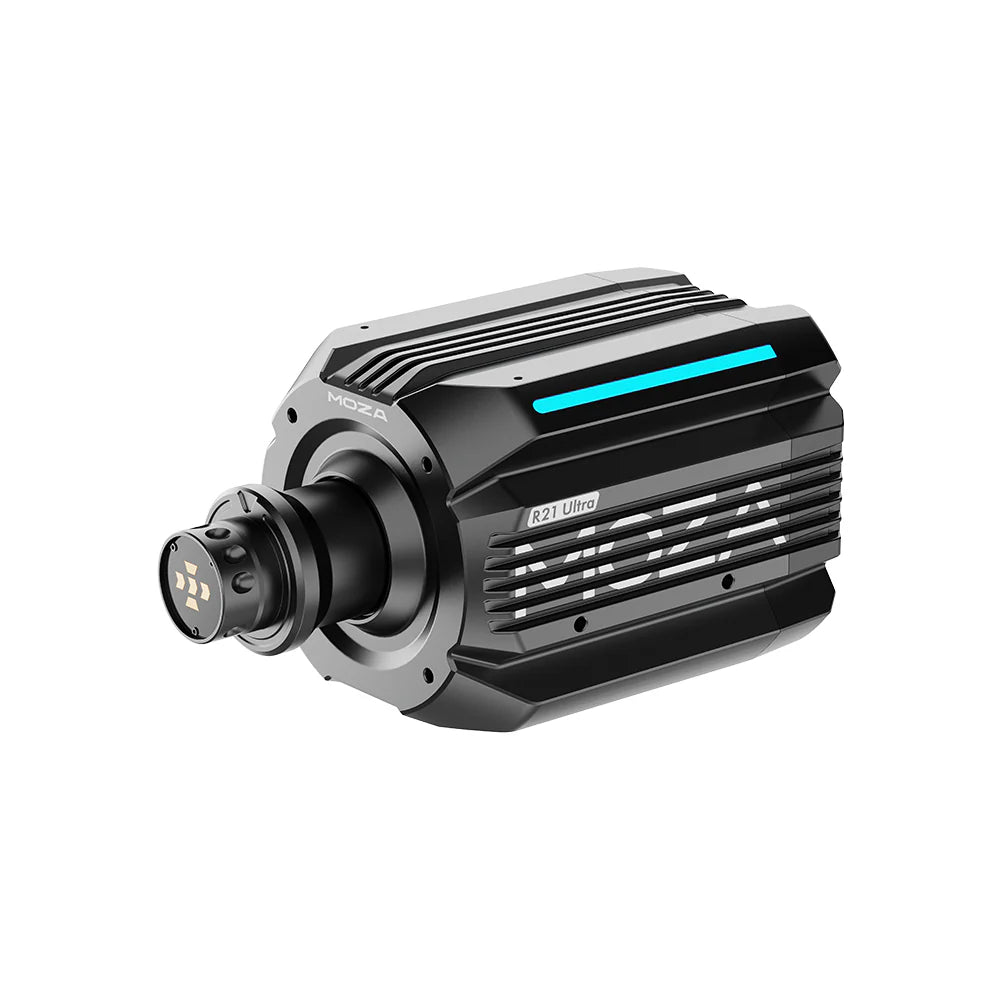 Moza R21 Ultra Direct Drive Wheel Base - zijaanzicht met RGB LED verlichting en quick release