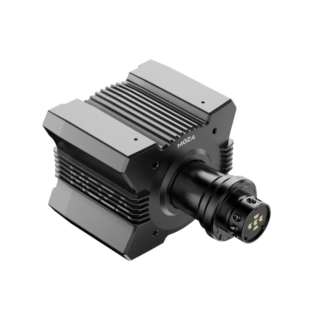 MOZA R9 V3 Direct Drive Wheel Base - linker vooraanzicht met quick release en MOZA logo