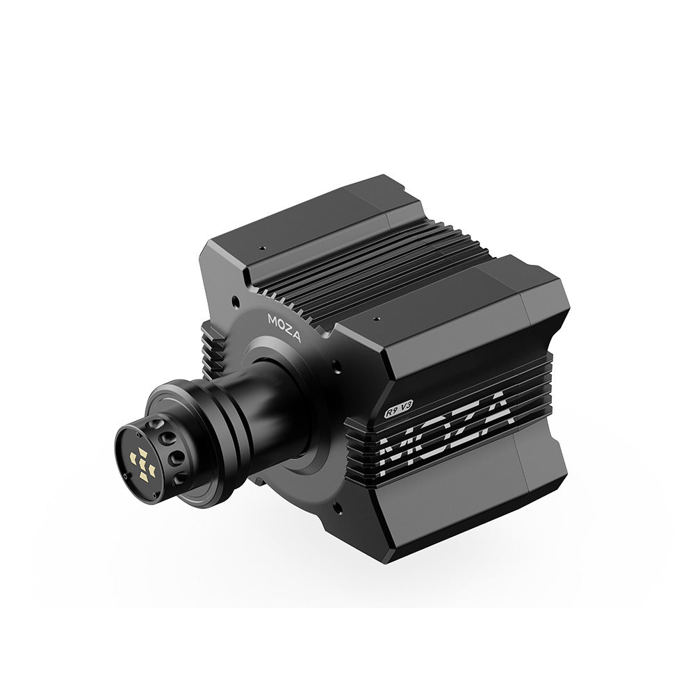 MOZA R9 V3 Direct Drive Wheel Base - rechter vooraanzicht met quick release en R9 V3 logo