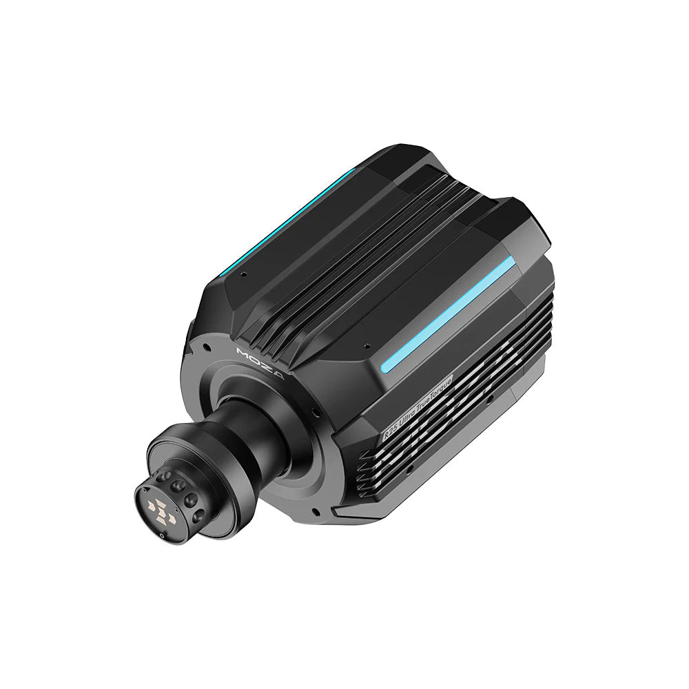Moza R25 Ultra Direct Drive Wheel Base - bovenaanzicht rechts met quick release en aanpasbare RGB LED strip