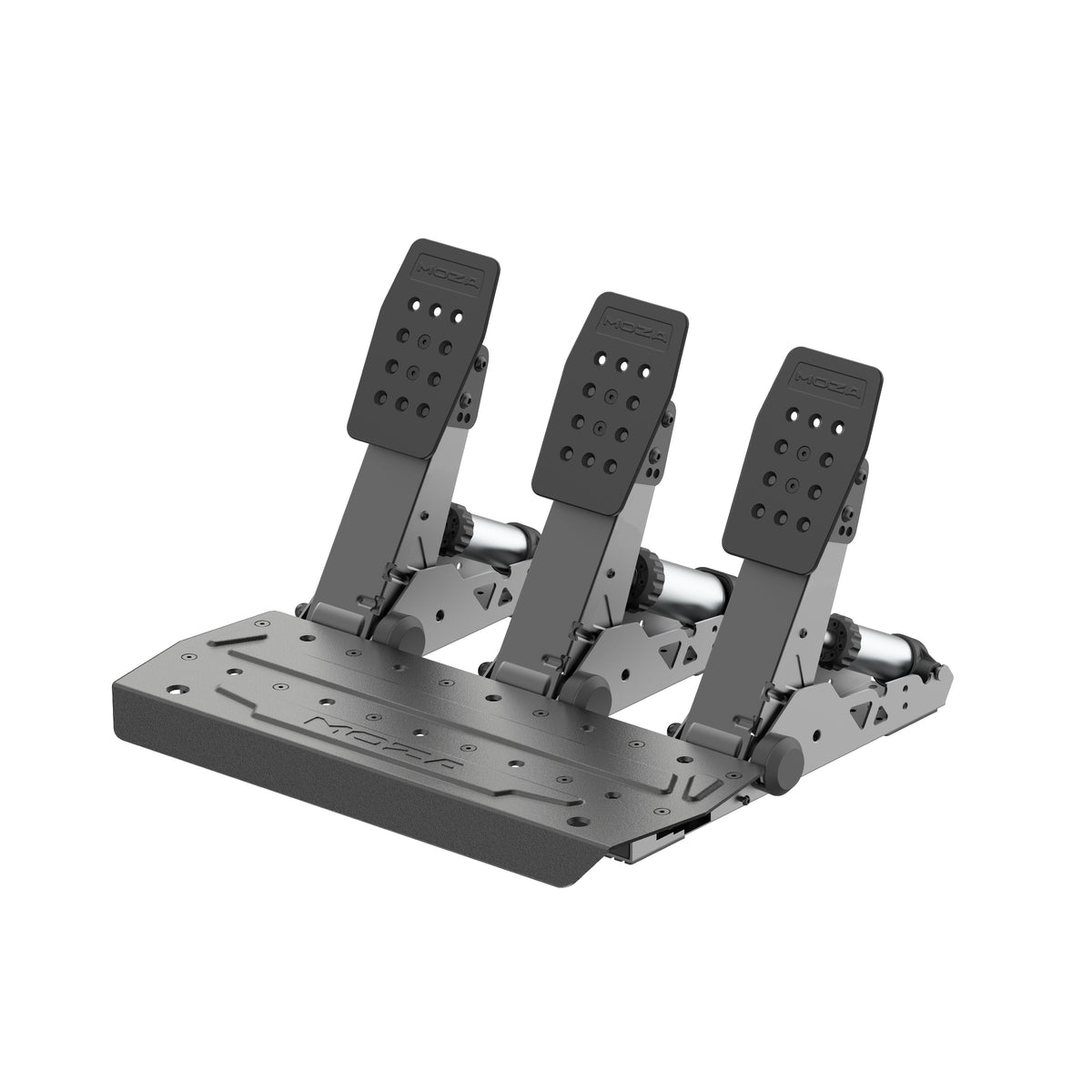 MOZA SRP2 Racing Pedals - zijaanzicht vanaf rechts met load cell rempedaal, gaspedaal, koppelingspedaal en pedaalplaat