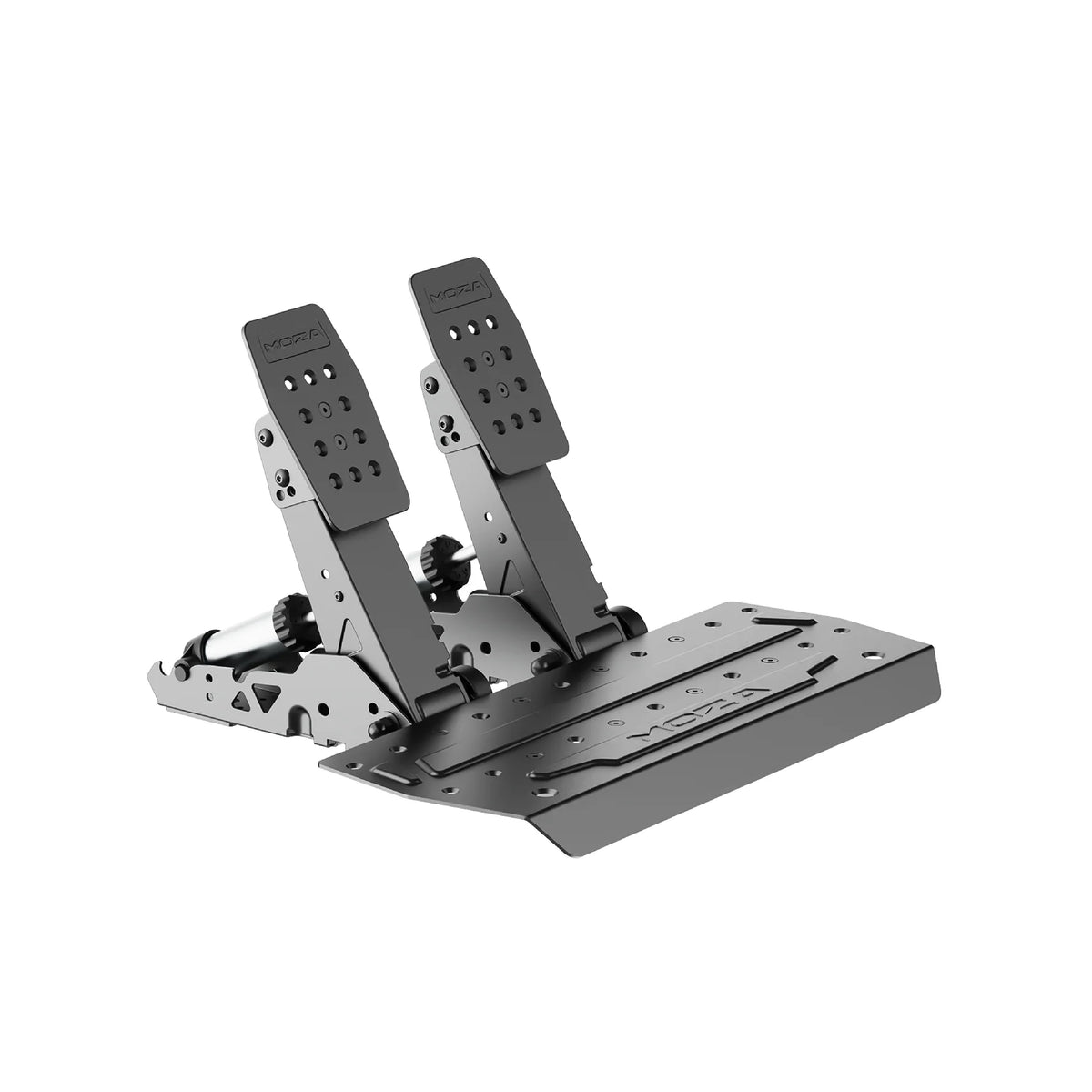 MOZA SRP2 Racing Pedals - zijaanzicht vanaf links met load cell rempedaal, gaspedaal en pedaalplaat