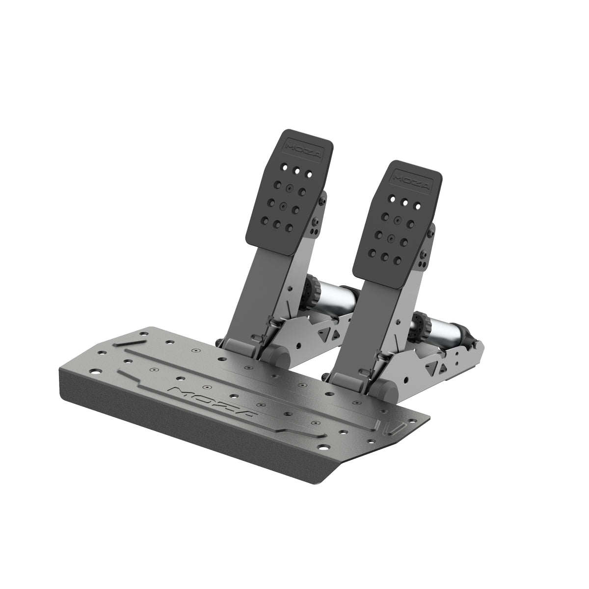 MOZA SRP2 Racing Pedals - zijaanzicht vanaf rechts met load cell rempedaal, gaspedaal en pedaalplaat