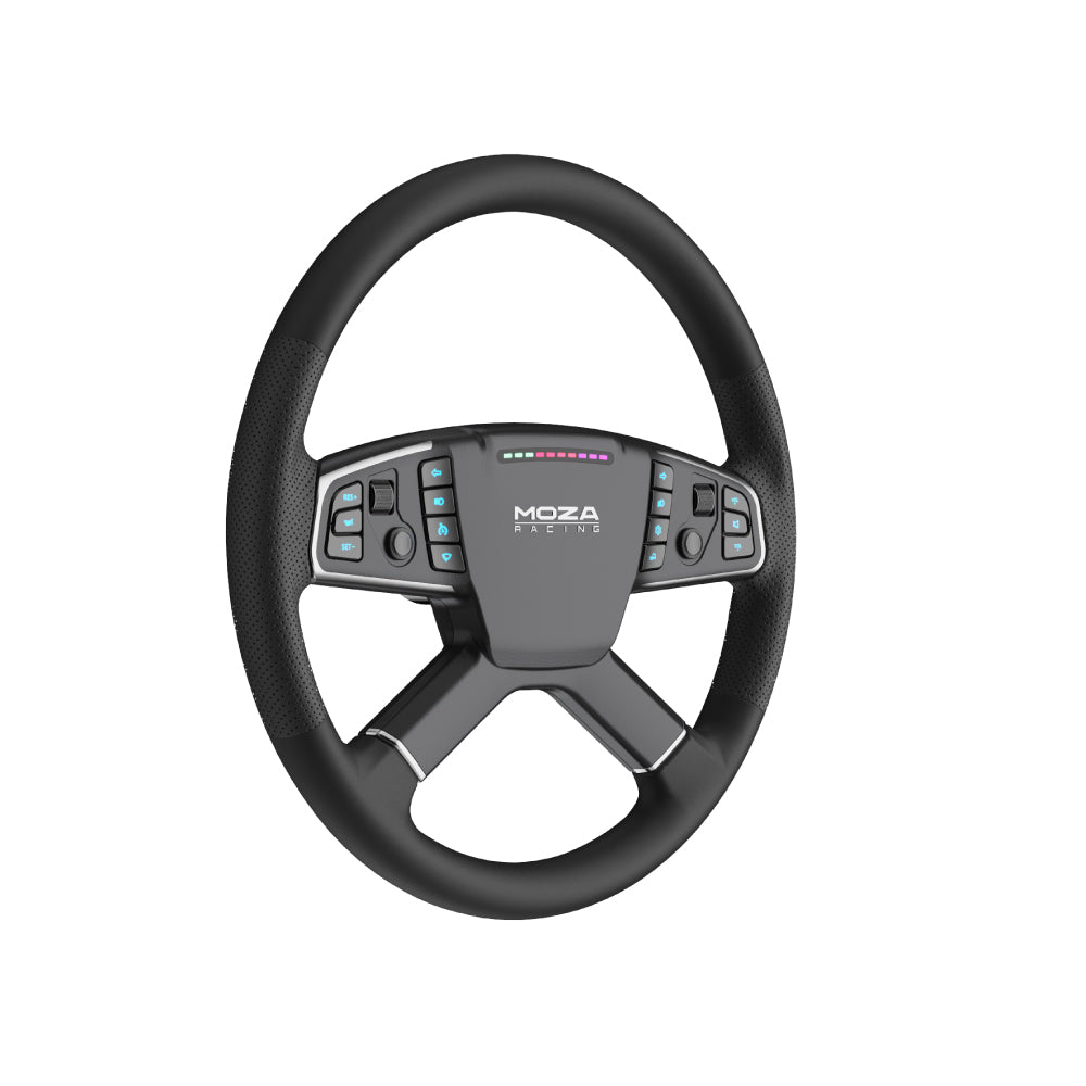 MOZA TSW Truck Wheel - linker vooraanzicht met 14 RGB drukknoppen, 2 joysticks, 2 encoderwielen en RGB RPM lichtjes