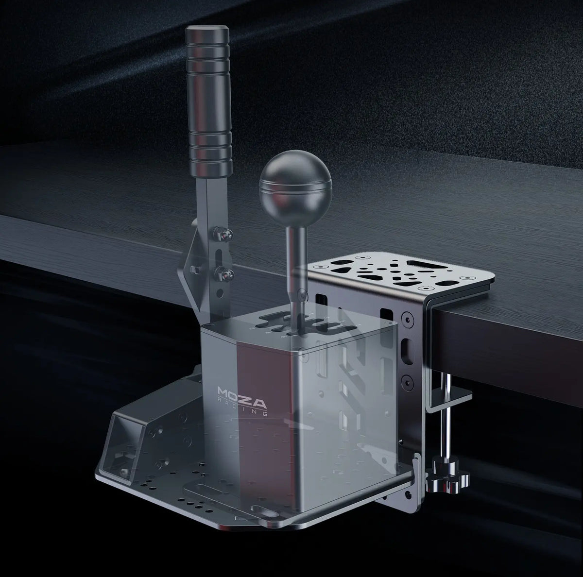 MOZA Universal Mounting Plate - preview met tafelklem, HGP shifter en HBP handrem