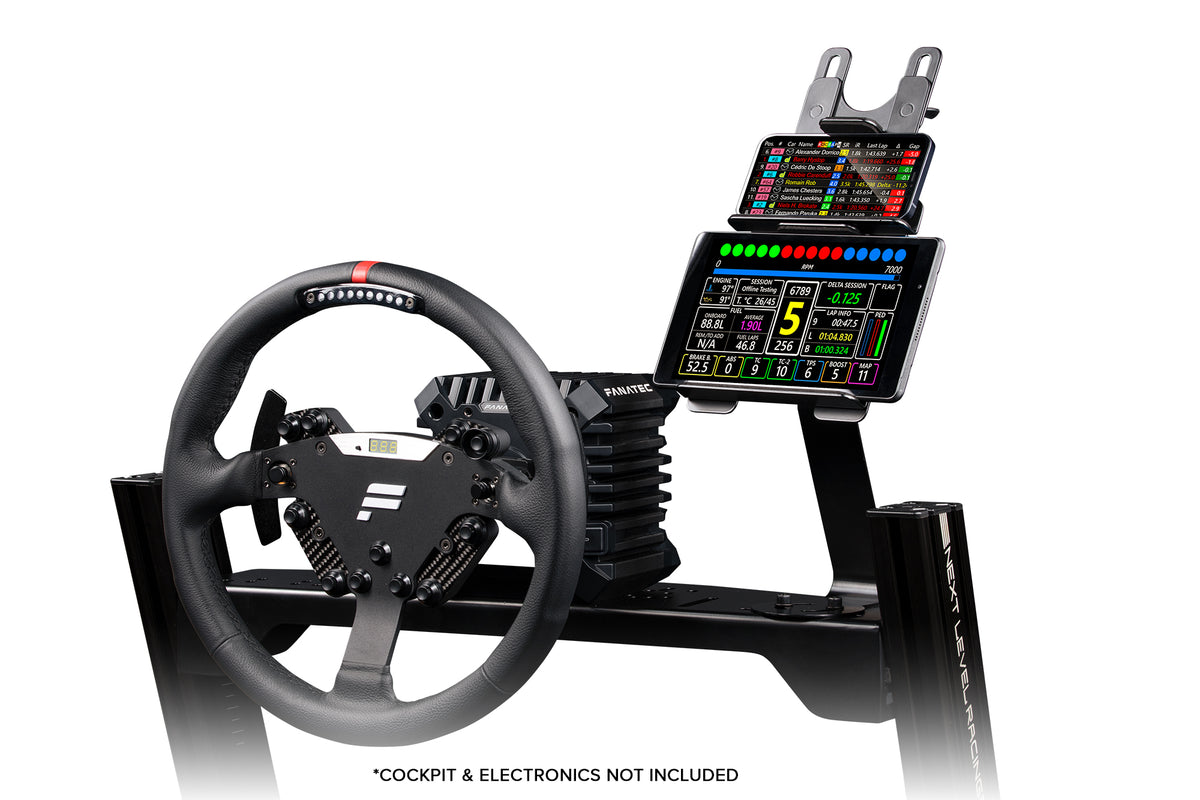 Next Level Racing Elite Tablet and Button Box Mount Add-On - preview met tablet en telefoon gemonteerd op een GT Elite Wheel Plate Edition cockpit met een Fanatec direct drive wheelbase en stuur