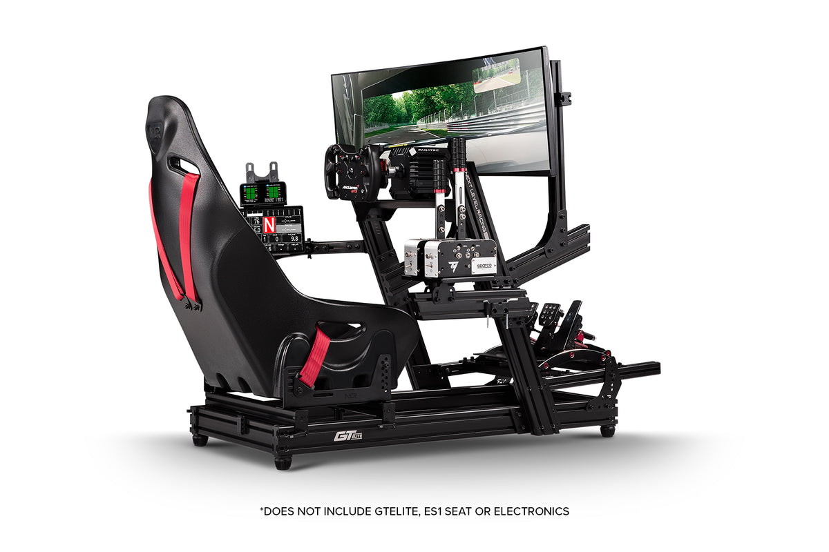 Next Level Racing Elite Direct Monitor Mount - Black Edition - preview gemonteerd op GT Elite Wheel Plate Edition cockpit met 49 inch ultra-wide gaming monitor, ES1 stoel, elite tablet mount, Fanatec direct drive wheelbase, stuur, load-cell pedalen, shifter en handrem