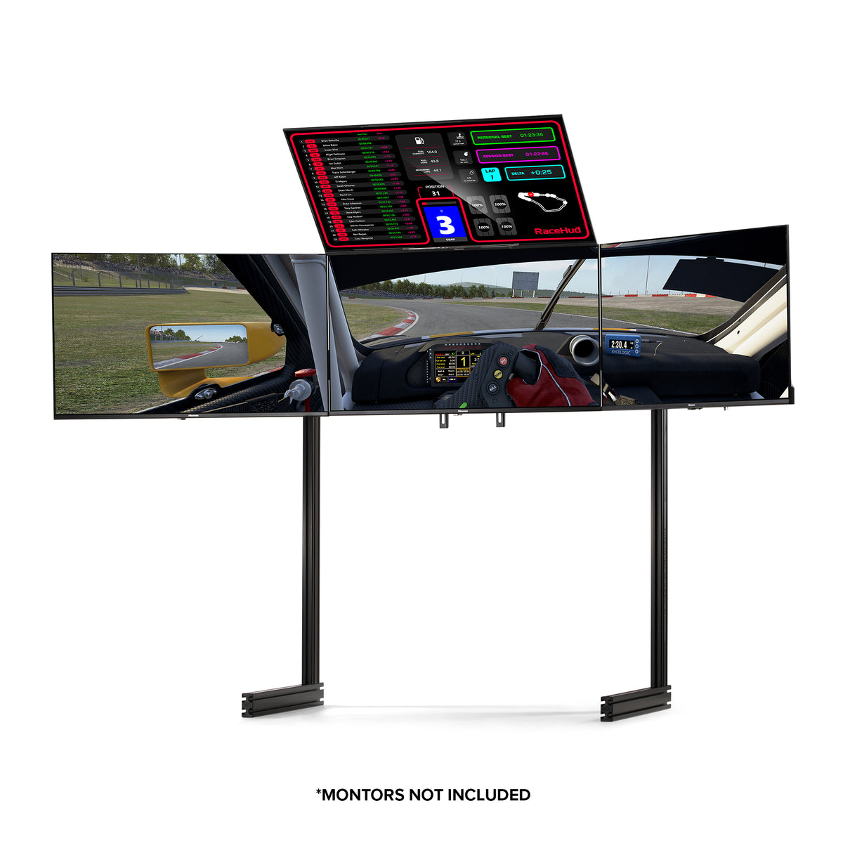 Next Level Racing Elite Free Standing Quad Monitor Stand – Black Edition - preview zijkant met 4 schermen gemonteerd