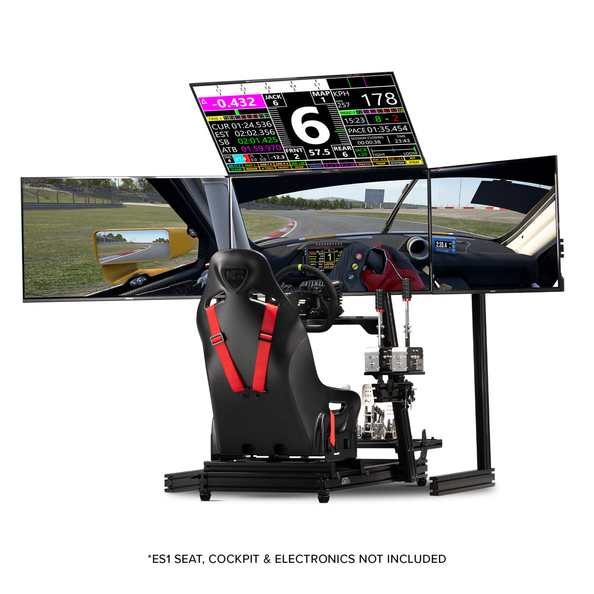 Next Level Racing Elite Free Standing Quad Monitor Stand – Black Edition - preview met 4 schermen gemonteerd, GT Elite Wheel Plate Edition cockpit met ES1 stoel, Fanatec direct drive wheelbase, stuur, load-cell pedale, shifter en handrem