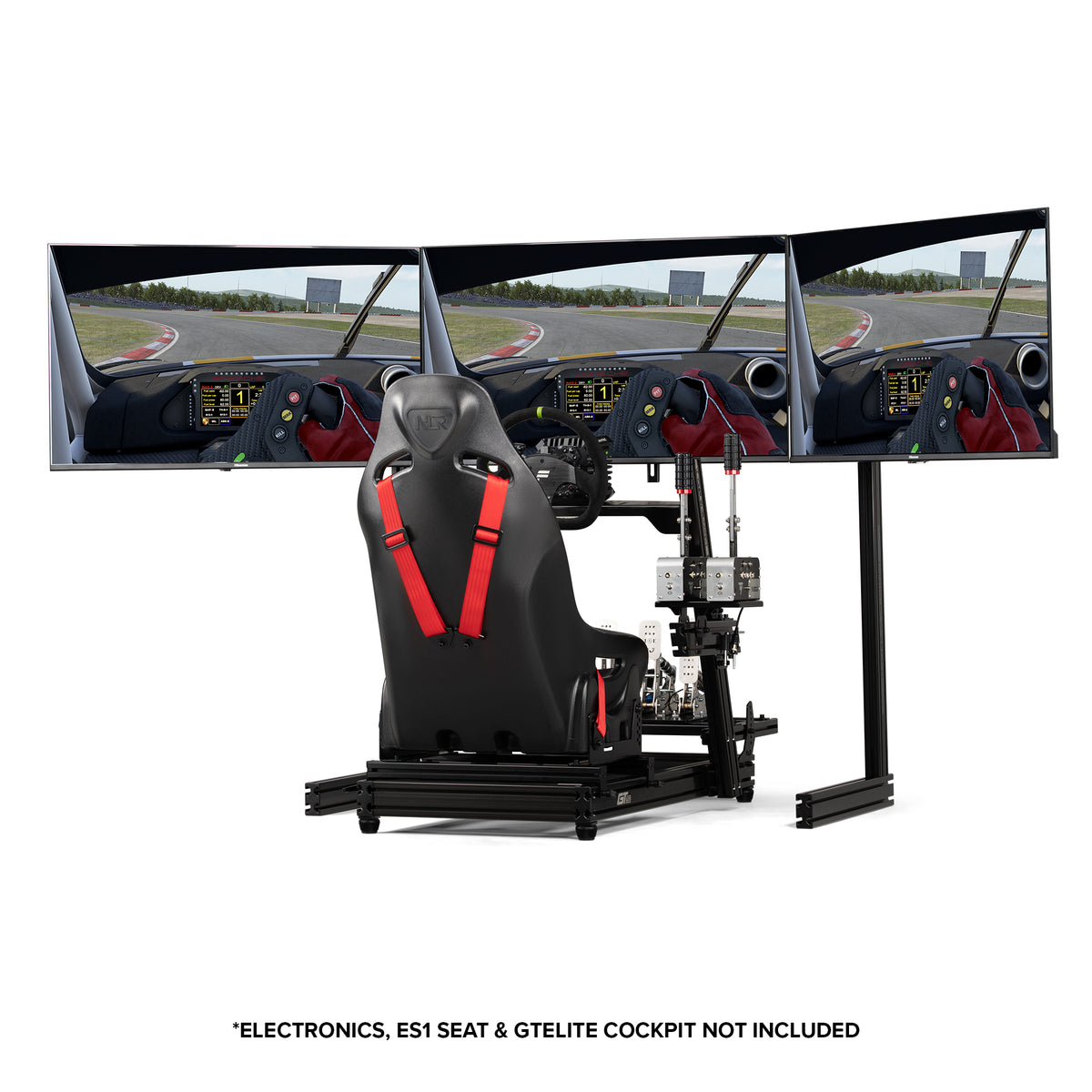 Next Level Racing Elite Free Standing Triple Monitor Stand – Black Edition - preview met drie schermen gemonteerd en GT Elite Wheel Plate Edition cockpit met Fanatec direct drive wheelbase, stuur, load-cell pedalen, shifter en handrem