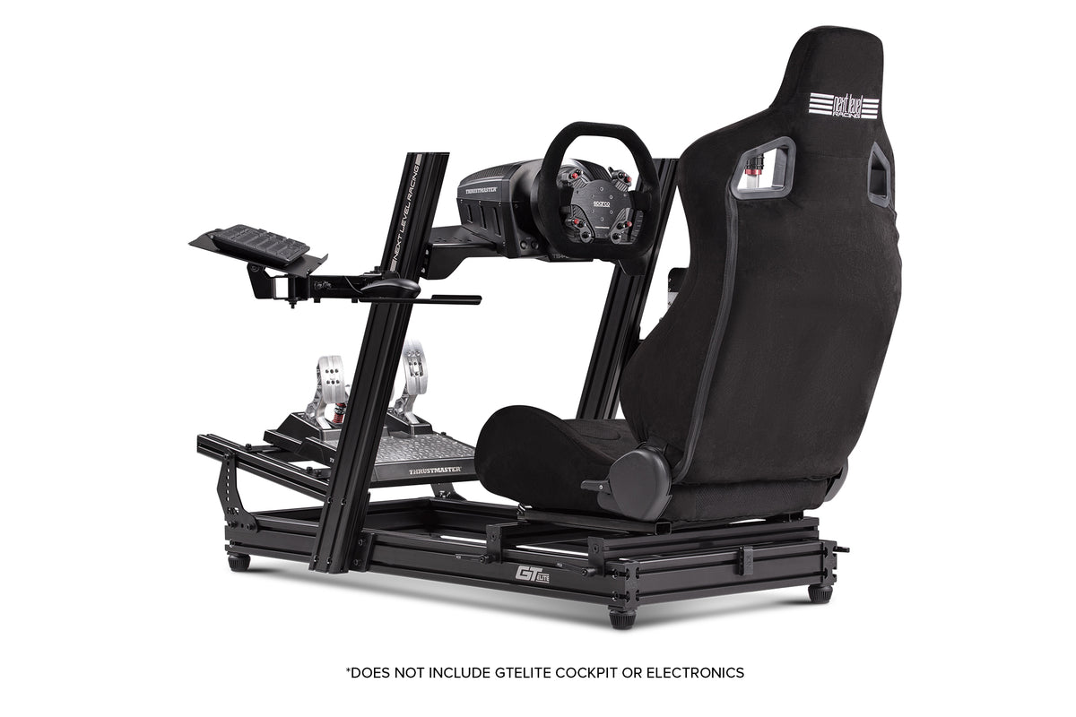 Next Level Racing Elite Keyboard and Mouse Tray - Black - preview met toetsenbord en muis en gemonteerd op een GT Elite Wheel Plate Edition cockpit met een Thrustmaster stuur- en pedalenset en een ERS1 stoel