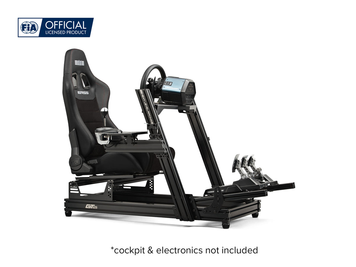 Next Level Racing ERS5 Sim Racing Seat- PU Leather & Suede Edition - preview gemonteerd op de GT Elite Wheel Plate Edition cockpit met een Thrustmaster direct drive wheelbase, stuur, loadcell pedalen en een shifter