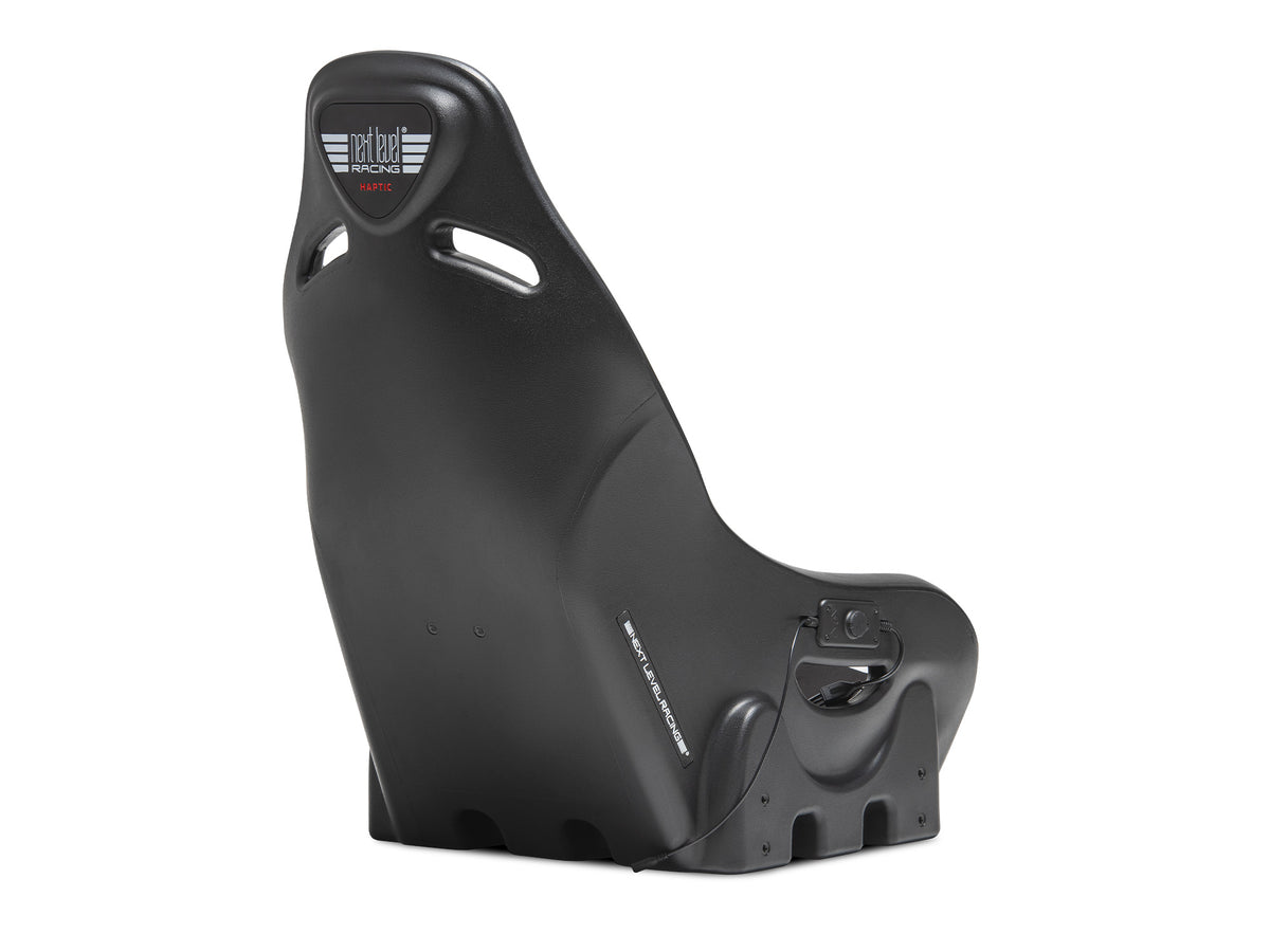 Next Level Racing ES1 Haptic Feedback Sim Racing Seat - acheraanzicht met control module en next level racing logo