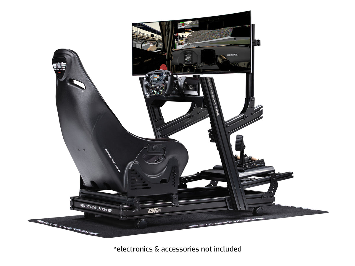 Next Level Racing ES1 Haptic Feedback Sim Racing Seat - preview gemonteerd op de Next Level Racing GT Elite Lite Wheel Plate Edition cockpits met MOZA wheelbase, stuur en pedalen