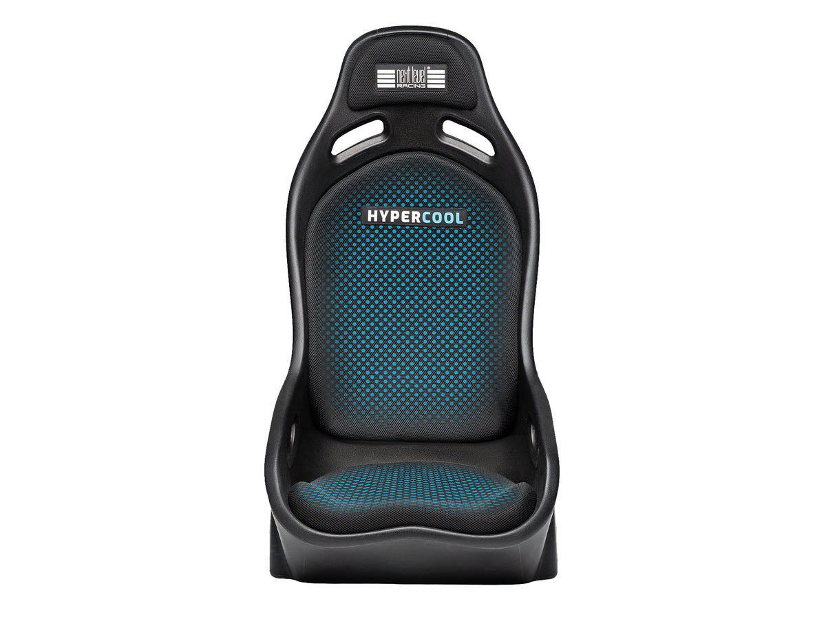 Next Level Racing ES1 Hypercool Sim Racing Seat - vooraanzicht met illustratie van Hypercool functionaliteit